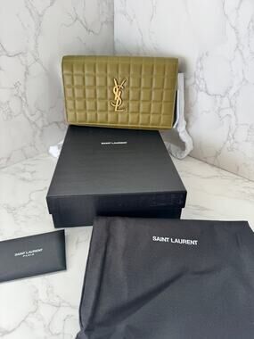 YSL Quilted Carre Cassandre Chain Wallet in Olive Green